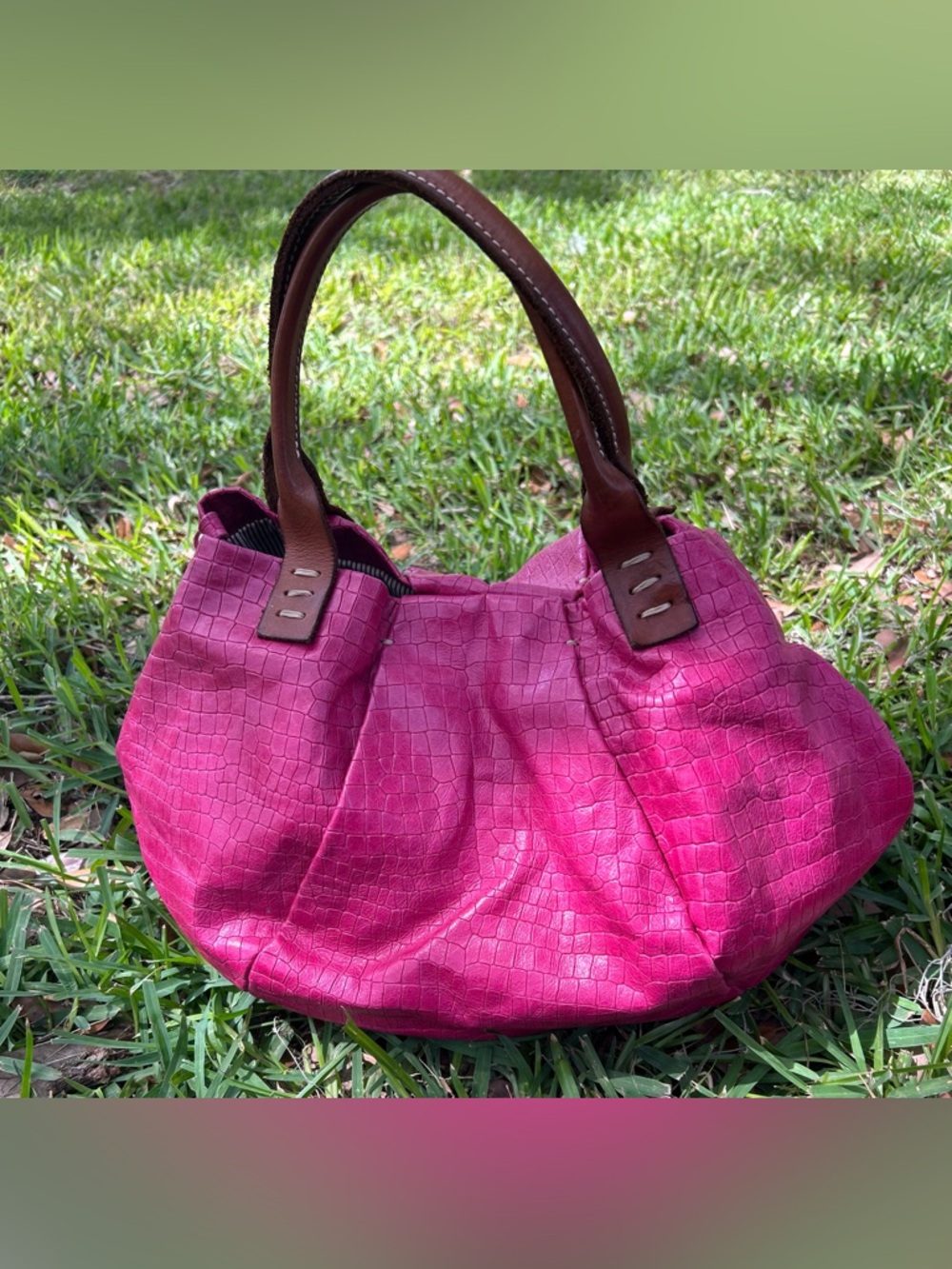 Sofia C Fuchsia Lesther Tote with Brown Handles Made in Italy